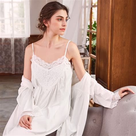 Pregnant Women Long Sleeve Cotton Sleepwear Nightgown Set Sexy Robe Nightdress Two Piece Lace