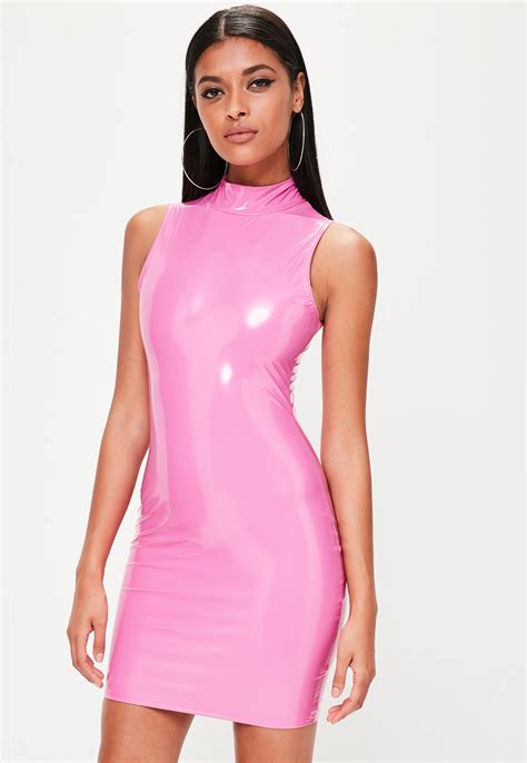 Pink Dress In A Vinyl Finish Bodycon Fit And High Neck Style In 2020
