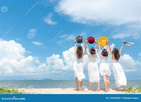Smiling Group Woman Wearing Fashion White Dress Summer Walking On The