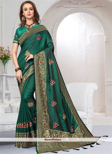 Buy Resham Green Satin Silk Designer Saree Online Saree Designs Art Silk Sarees Silk Sarees