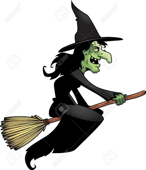 A Cartoon Witch Flying On A Broom With Her Eyes Closed And One Hand In