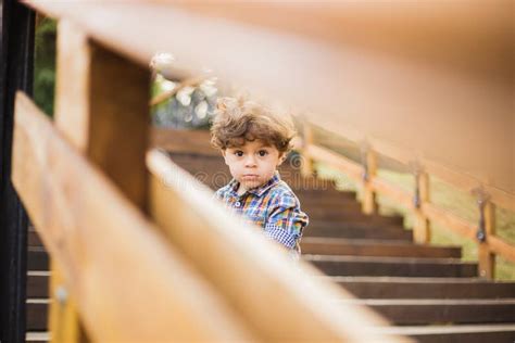 Portrait Of Cute Child Sitting On Wood Stairs Stock Photo Image Of