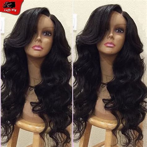 Heavy Density Glueless Lace Front Human Hair Wigs With Side Bangs Long