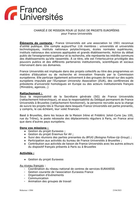 Fiche de poste chargé de mission Suivi de projets européens pdf DocDroid