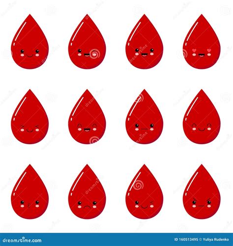 Cute Happy Smiling And Sad Blood Drop Character Set Collection Vector