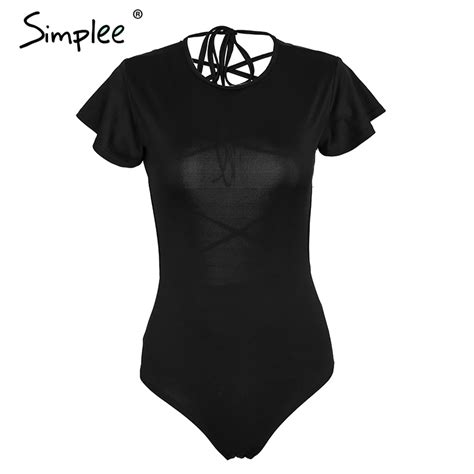 Simplee Backless Lace Up Sexy Bodysuit Women Ruffle Short Sleeve Black