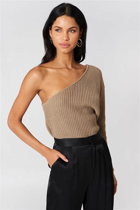 One Shoulder Knitted Sweater Tan Na