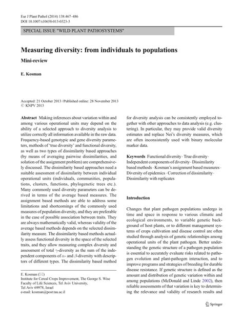 Pdf Measuring Diversity From Individuals To Populations Mini Review