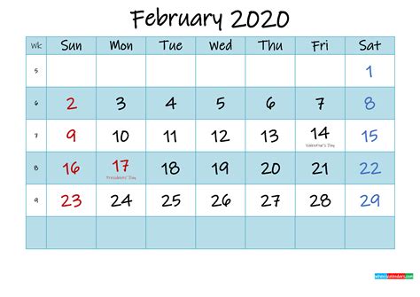 Printable February 2020 Calendar Word Template K20m470