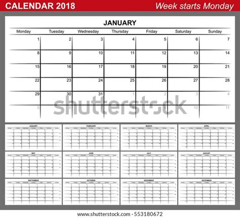 Calendar 2018 Planning Calendar Template Black Stock Vector Royalty