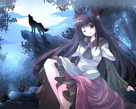 Long Hair Anime Girl Wolf Trees Moon Night 640x1136