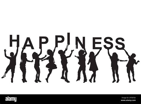 Kids Silhouettes Holding Letters With Word Happiness In Their Hands