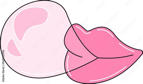 Cute Lips Blowing Pink Bubble Gum Colorful Vector Sticker Isolated On