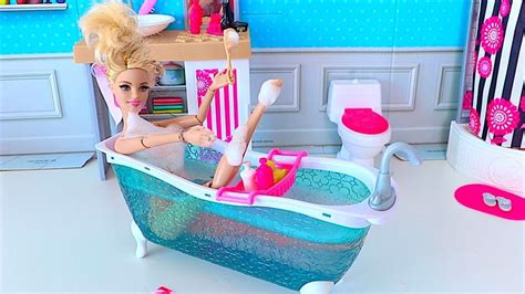 let s play with barbie girl and create her morning routine in this video barbie gets bath in