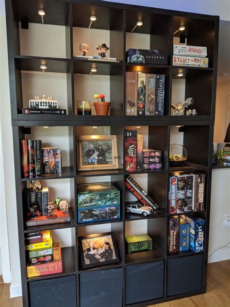 Our Board Game Display Two Ikea Kallax One 4x4 With Bins And One 2x4
