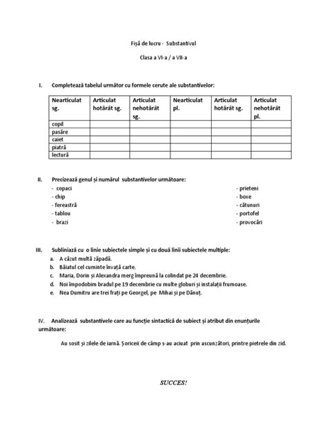 Fisa De Lucru Substantivul Clasa A Via Pdf