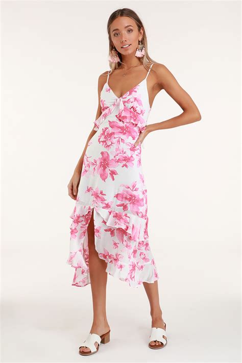 Pink And White Floral Print Dress Midi Dress Ruffled Dress Lulus
