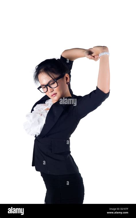 Tired Business Woman Stretching Isolated On White Background Model Is