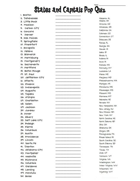 States And Capitals Quiz All 50pdf For The Boys Pinterest