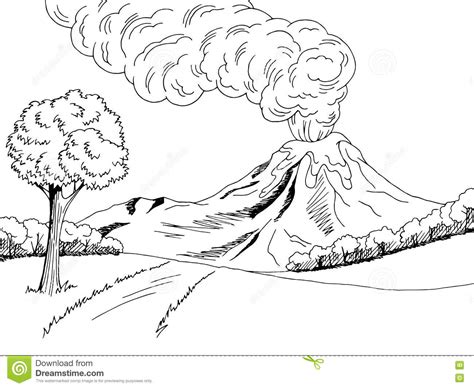 Volcano Mountain Hill Road Graphic Art Black White Sketch Landscape