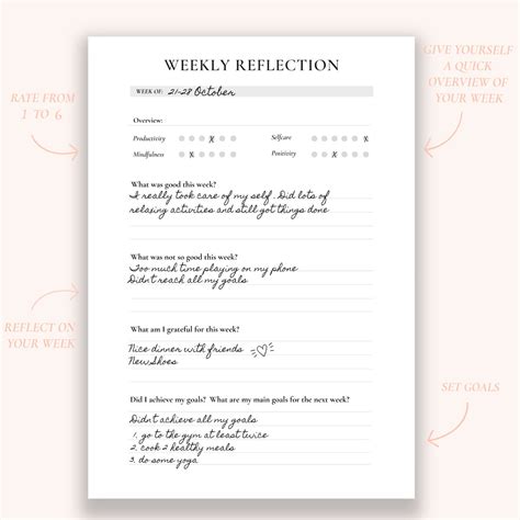Weekly Reflection Worksheet Printable Planner Pages Life Etsy