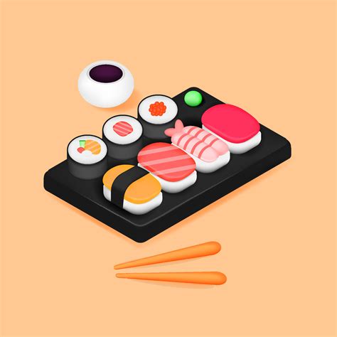 Conjunto realista de comida asiática de sushi de dibujos animados en 3d