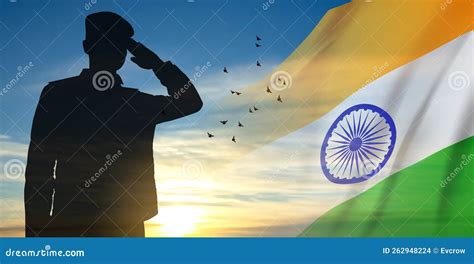 Silhouette Of Soldier Saluting On A Background Of India Flag And The