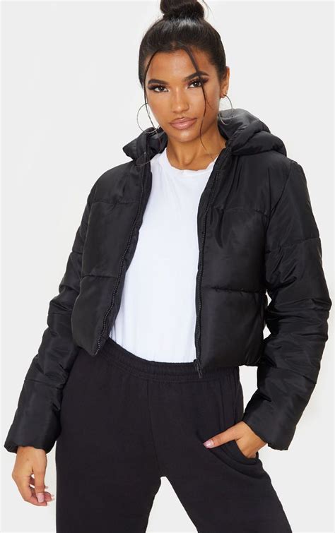 Black Hooded Cropped Puffer Black Puffer Jacket Coats For Women Jackets