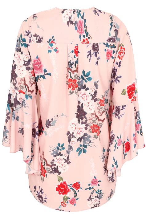 pink floral print woven blouse with flute sleeves plus size 16 to 36