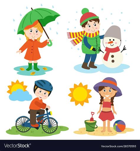 Children And The Four Seasons Vector Illustration Eps Download A