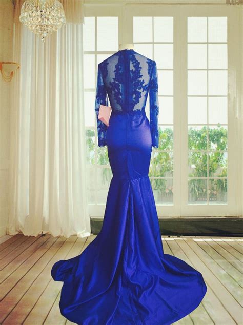 Long Sleeves Royal Blue Mermaid Prom Dress With Illusion Bodice