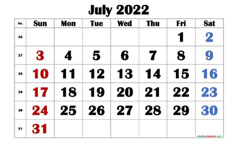 July Calendar With The Holidays In Red White And Blue