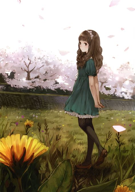 Wallpaper X Px Anime Artwork Blossoms Brunettes Dress