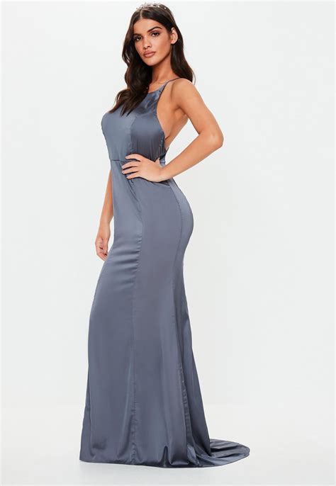 Bridesmaid Grey Satin Round Neck Backless Maxi Dress Missguided