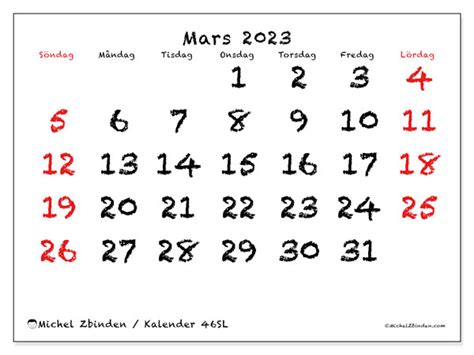 Kalender Mars 2023 För Att Skriva Ut “46sl” Michel Zbinden Se