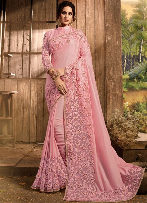 Shop Embroidered Pink Classic Saree Online 108833 Wedding Sarees