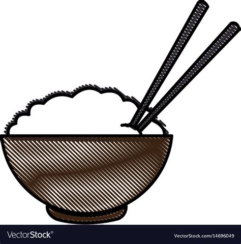 Drawing Bowl Of Rice And Chopsticks Cooked Dinner Vector Image