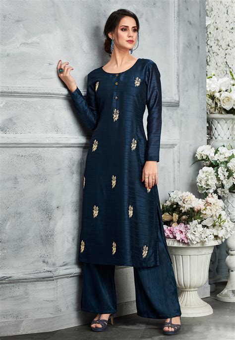 Navy Blue Silk Readymade Palazzo Suit 180432 Bollywood Dress Palazzo
