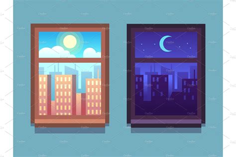 Day And Night Window Cartoon Pre Designed Vector Graphics ~ Creative