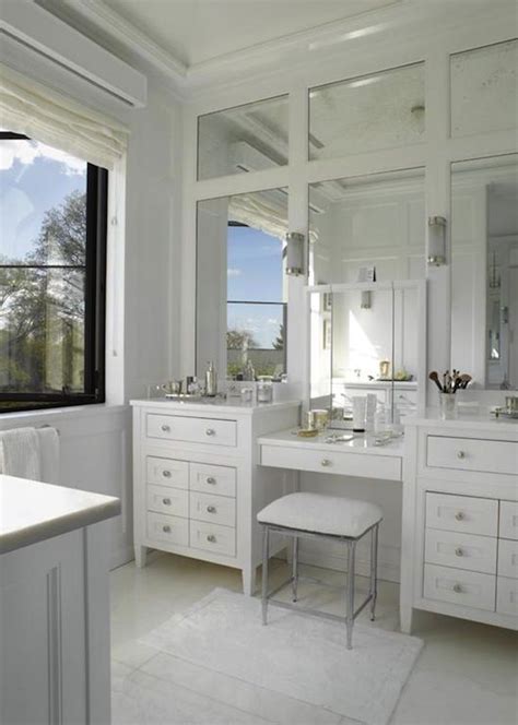 Double Vanity And Make Up Vanity Design Paneled Mirrors Master Bath