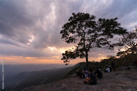 Tourists Looking View With Sunset At Mark Dook Cliff Pha Mark Dook On