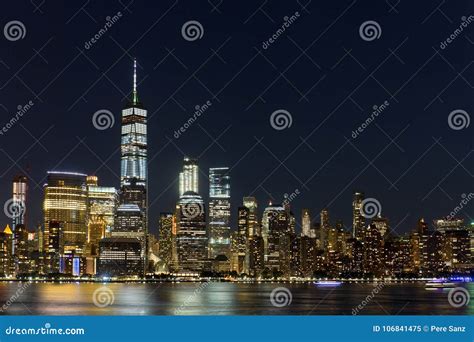 Lower Manhattan Skyline At Night Nyc Editorial Image Image Of States