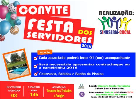 Convite Festa Do Servidor 2016 Sindserm Cocal Sindicato Dos