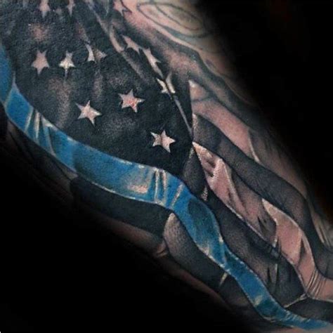 Cool Thin Blue Line American Flag Male Sleeve Tattoo Design Ideas
