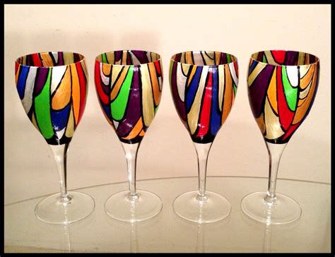 Hand Painted Wine Glasses Abstract Colorful Stained Glass Design
