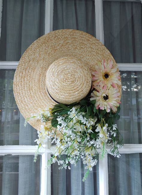 Floral Straw Hat Wreath Flower Door Hanging Summer Spring Etsy