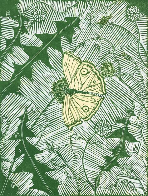 Butterfly On Dandelions 2016 Linocut By Danielle Stretch