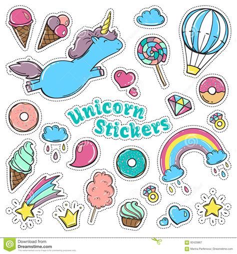 Unicorn Sweet Set Of Stickers Pins Patches In Cartoon Comic Style