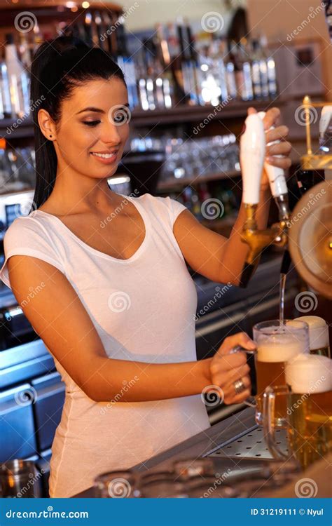Female Bartender Tapping Beer In Bar Stock Image Image Of Caucasian