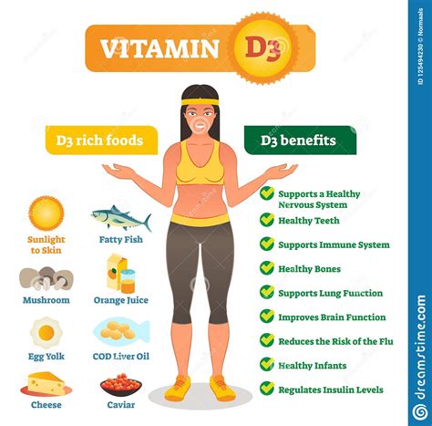 Vitamin D3 Vector Illustration List With Its Benefits And Food Source